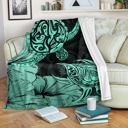 Hawaii Turtle Premium Blanket Polynesian Hibiscus Art Turquoise-Myprintsy