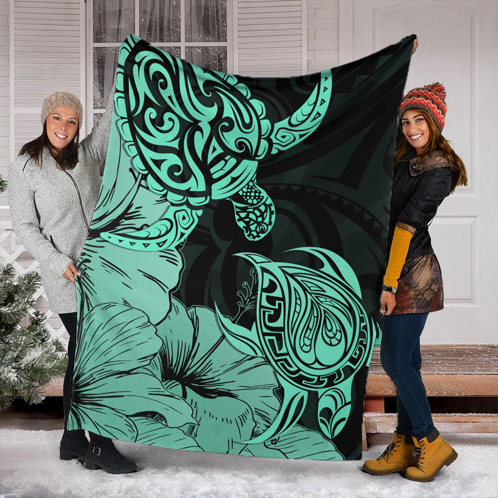 Hawaii Turtle Premium Blanket Polynesian Hibiscus Art Turquoise-Myprintsy