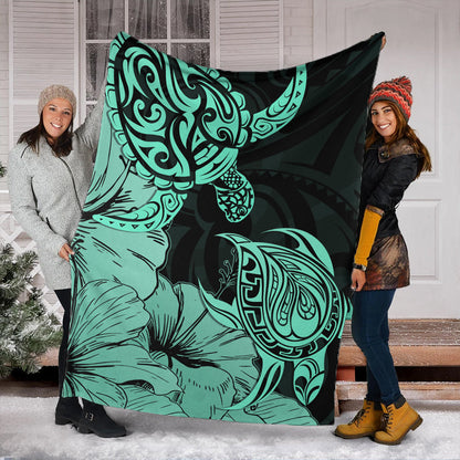 Hawaii Turtle Premium Blanket Polynesian Hibiscus Art Turquoise-Myprintsy