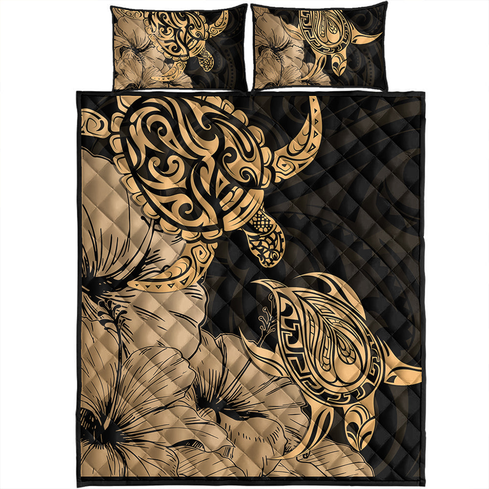 Hawaii Turtle Quilt Bed Set Polynesian Hibiscus Art Gold-Myprintsy