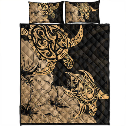 Hawaii Turtle Quilt Bed Set Polynesian Hibiscus Art Gold-Myprintsy