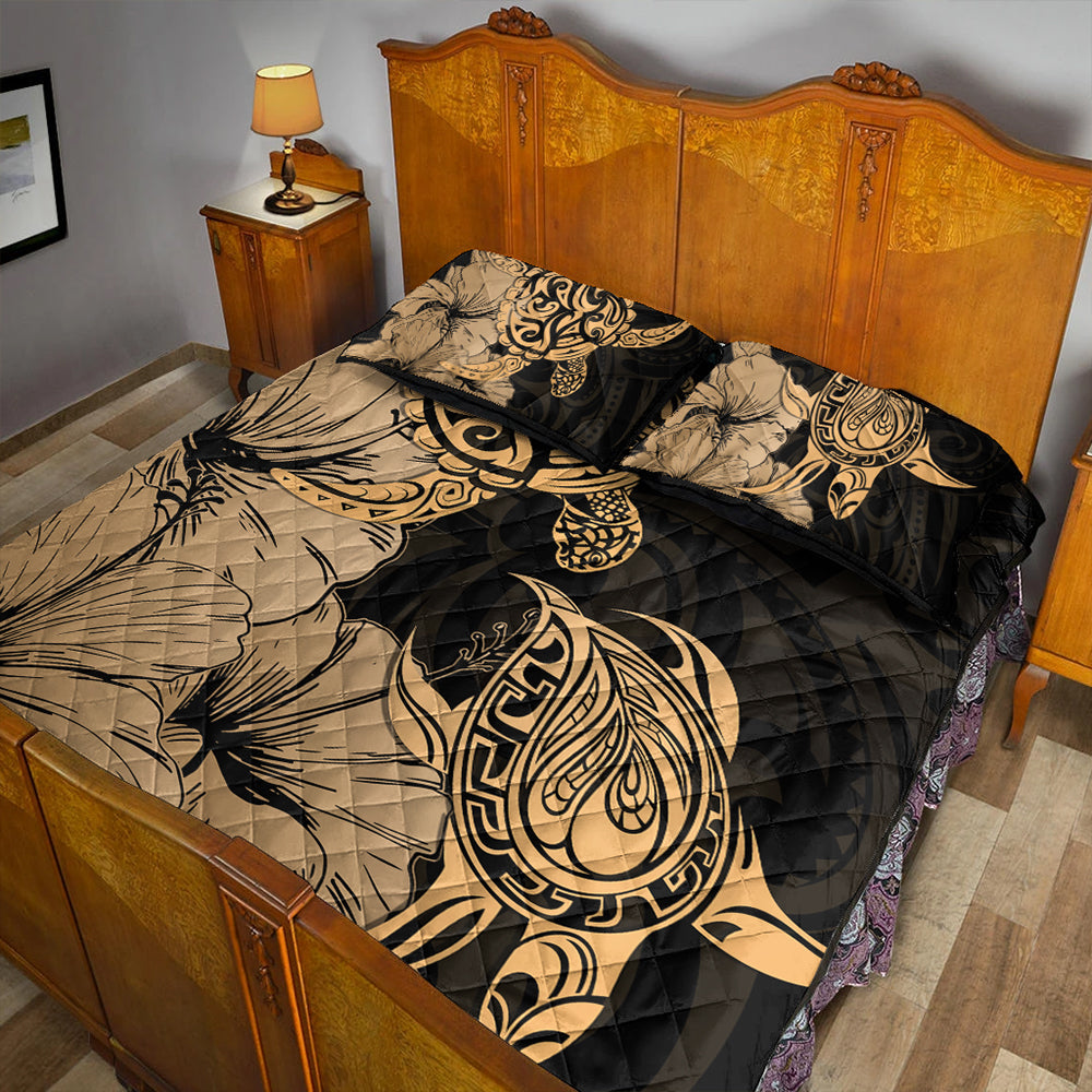 Hawaii Turtle Quilt Bed Set Polynesian Hibiscus Art Gold-Myprintsy