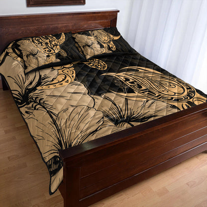 Hawaii Turtle Quilt Bed Set Polynesian Hibiscus Art Gold-Myprintsy