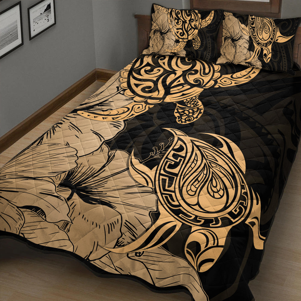 Hawaii Turtle Quilt Bed Set Polynesian Hibiscus Art Gold-Myprintsy