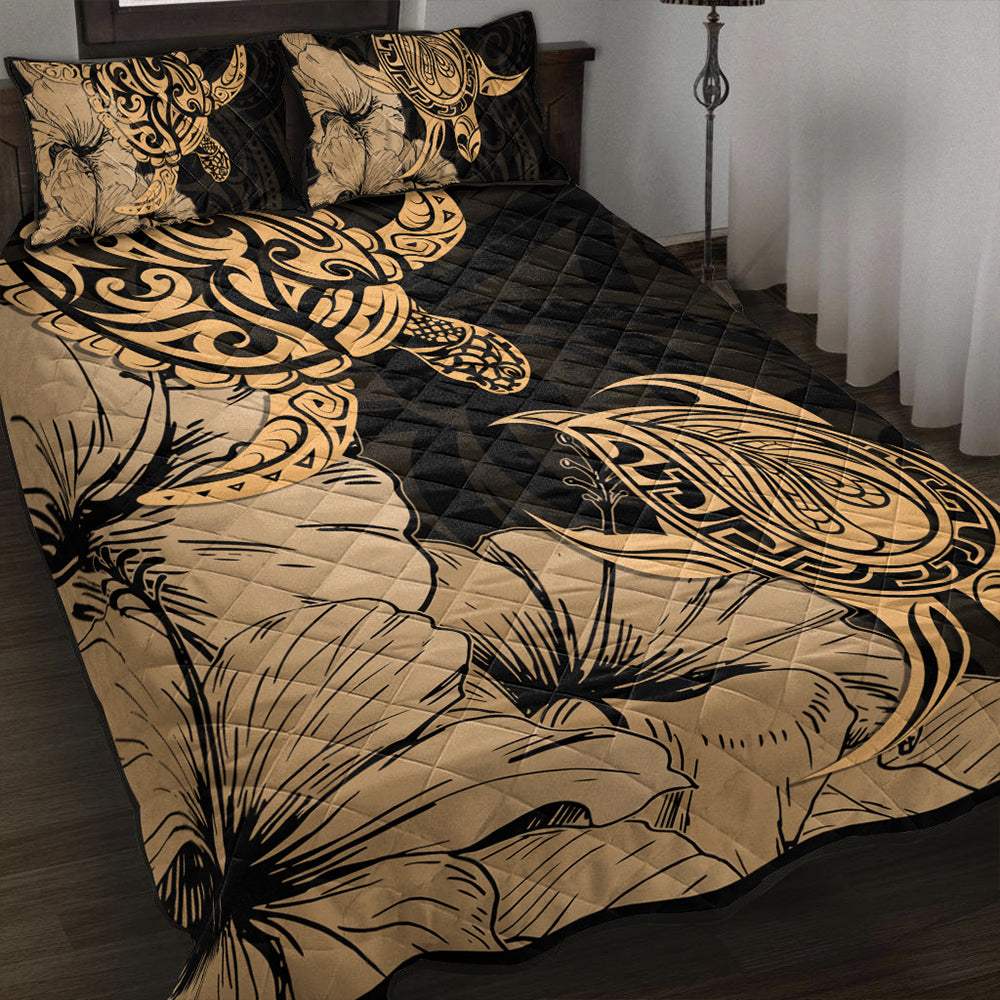 Hawaii Turtle Quilt Bed Set Polynesian Hibiscus Art Gold-Myprintsy