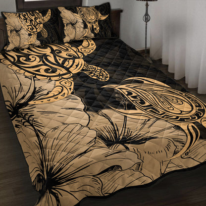Hawaii Turtle Quilt Bed Set Polynesian Hibiscus Art Gold-Myprintsy