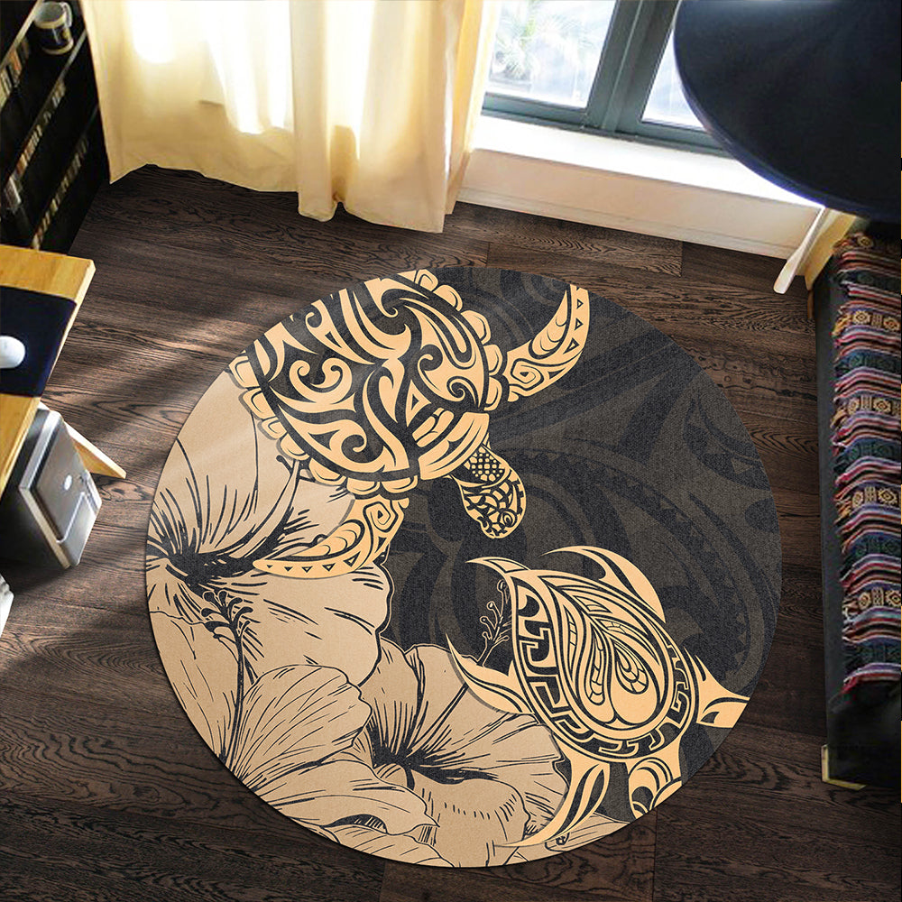 Hawaii Turtle Round Rug Polynesian Hibiscus Art Gold-Myprintsy
