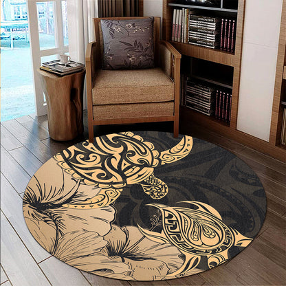 Hawaii Turtle Round Rug Polynesian Hibiscus Art Gold-Myprintsy