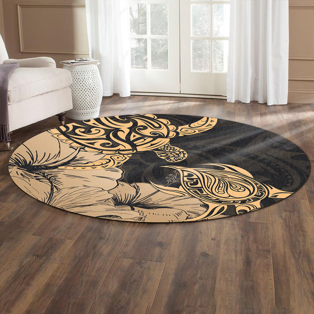 Hawaii Turtle Round Rug Polynesian Hibiscus Art Gold-Myprintsy