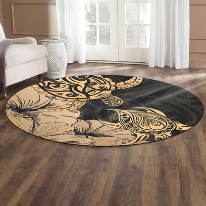 Hawaii Turtle Round Rug Polynesian Hibiscus Art Gold-Myprintsy