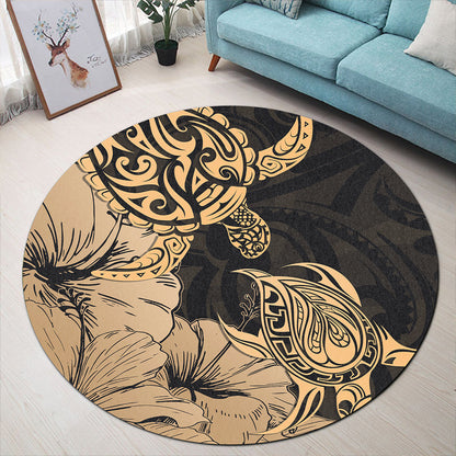 Hawaii Turtle Round Rug Polynesian Hibiscus Art Gold-Myprintsy