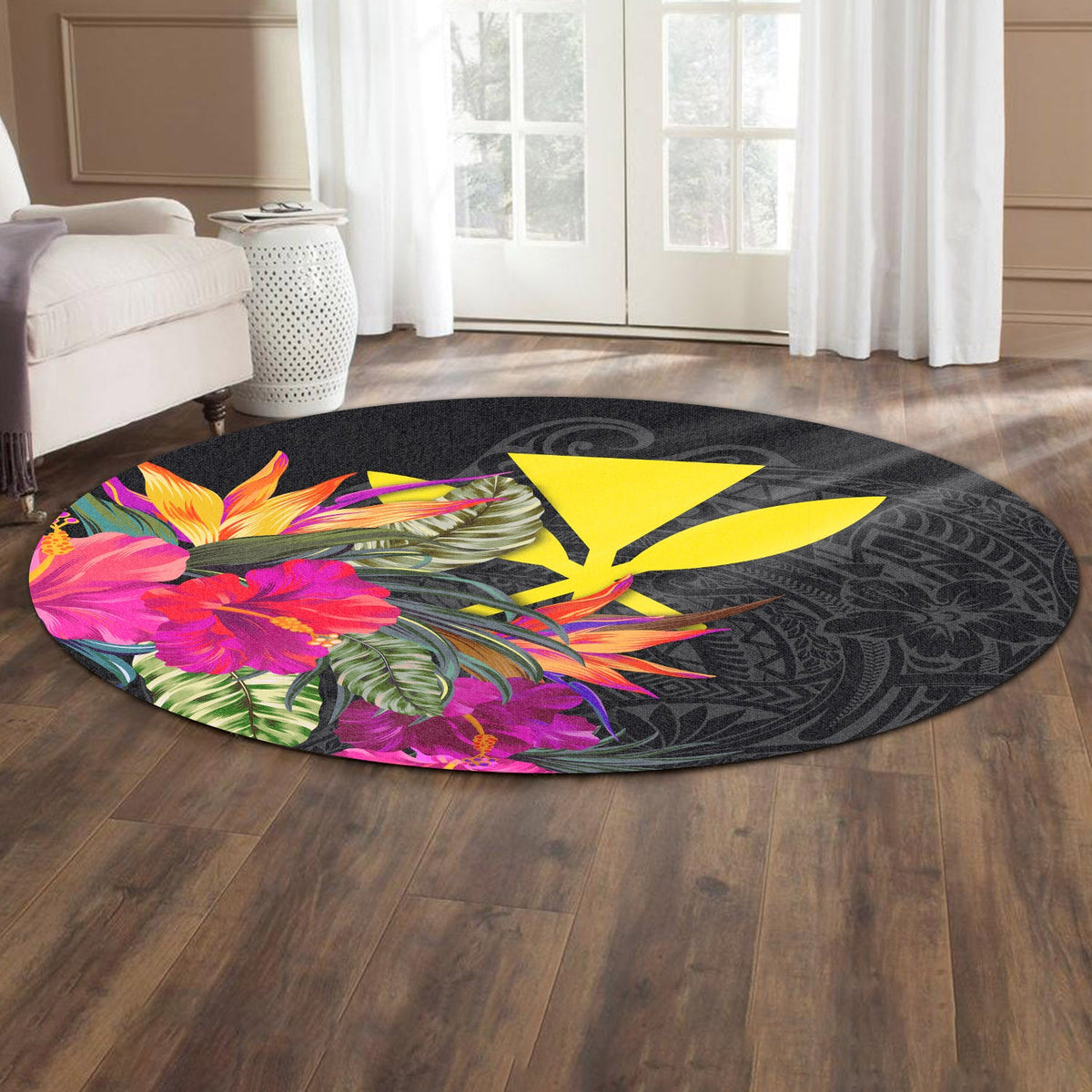 Hawaii Round Rug - Polynesian Pattern Hibiscus