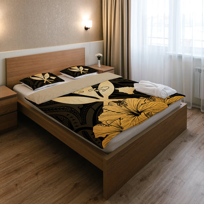 Hawaiian Bedding Set Kanaka Maoli Hibiscus Polynesian Love Gold
