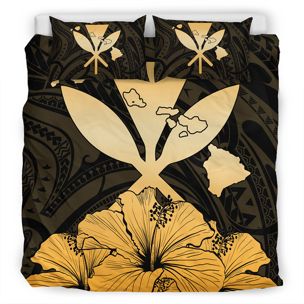 Hawaiian Bedding Set Kanaka Maoli Hibiscus Polynesian Love Gold