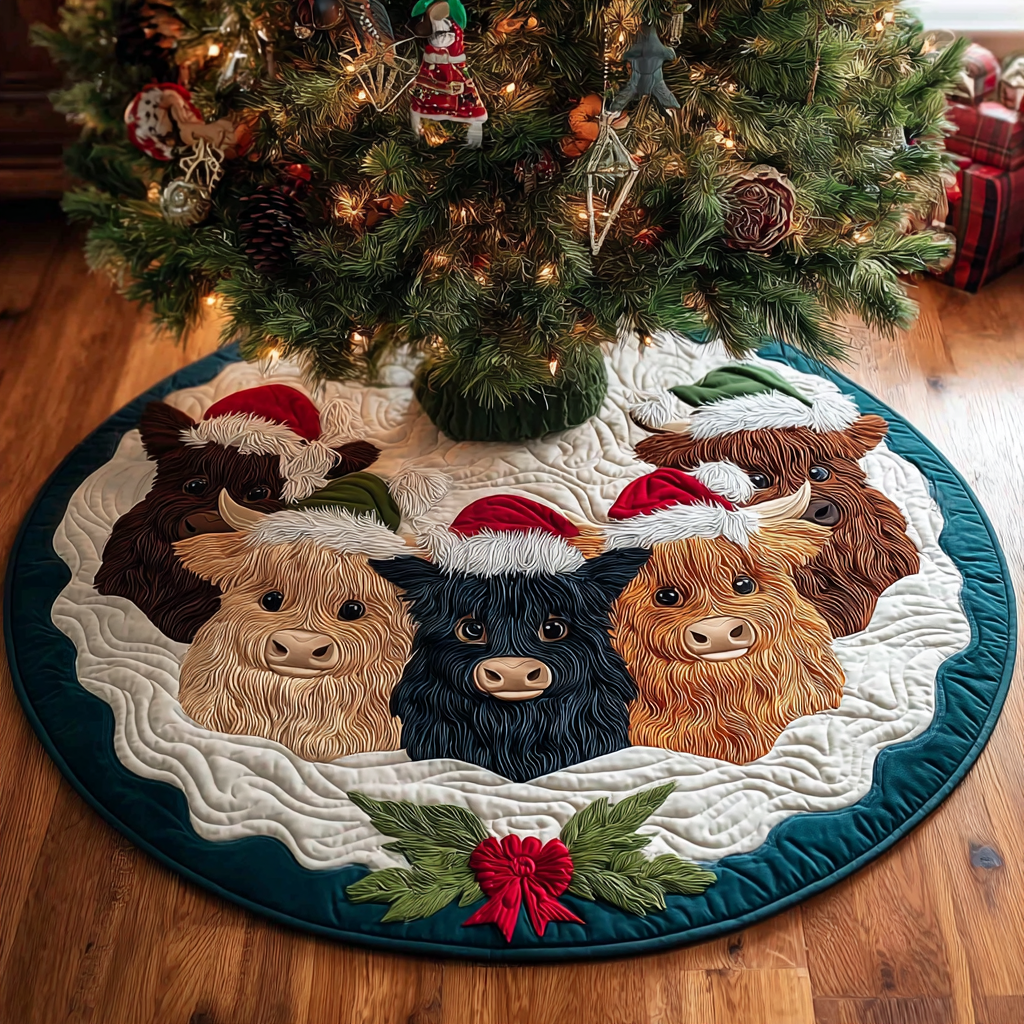Highland Cow Holiday Christmas Quilted Tree Skirt-Myprintsy