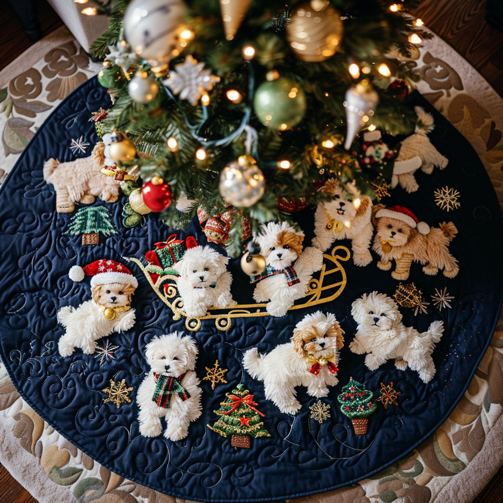 Holiday Bichon Wishes Christmas Quilted Tree Skirt VTQ-Myprintsy