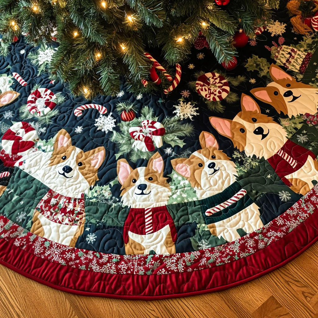 Holiday Corgi Gathering Quilted Christmas Tree Skirt-Myprintsy