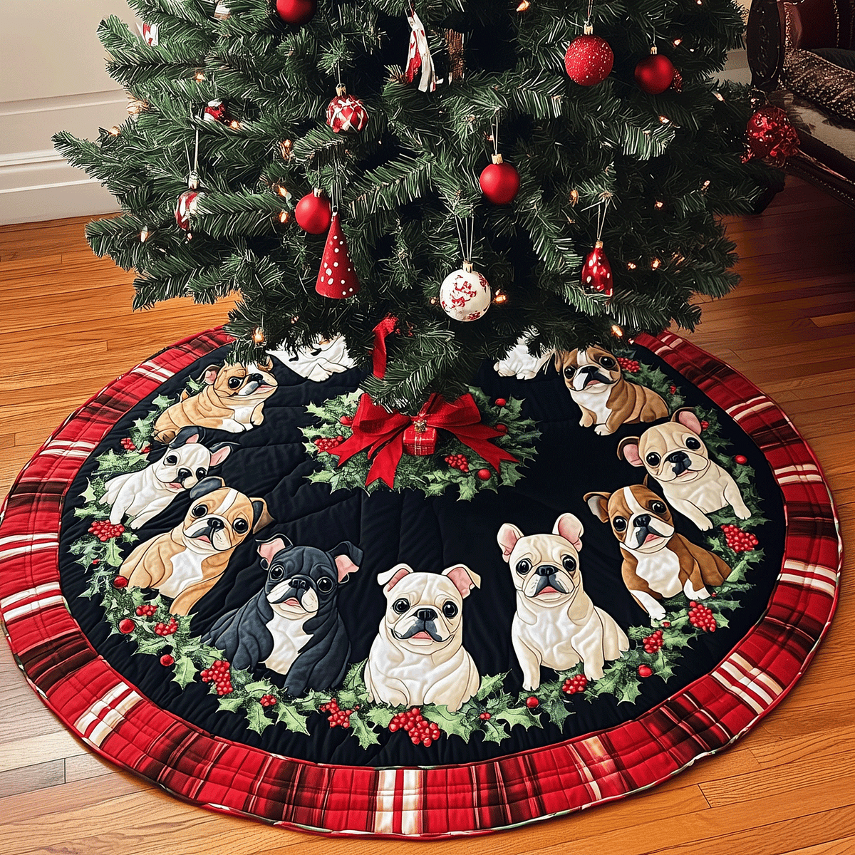 Holiday Frenchies Quilted Christmas Tree Skirt-Myprintsy