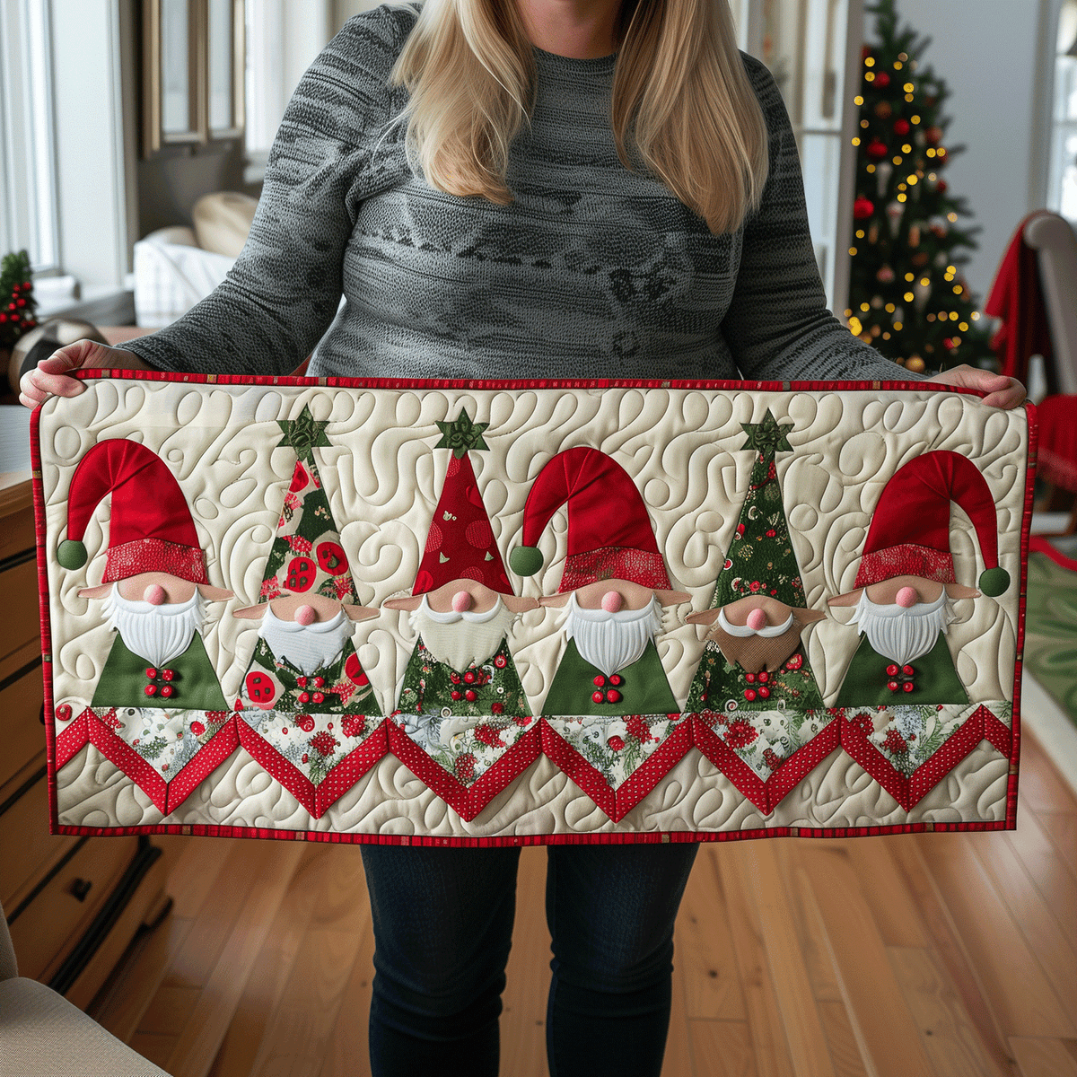 Holiday Gnome Parade Quilted Table Runner VTQ-Myprintsy