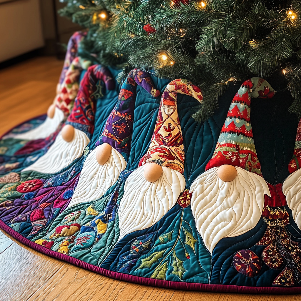 Holiday Gnomes Quilted Christmas Tree Skirt VH VTQ-Myprintsy