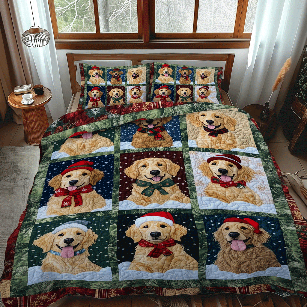 Holiday Golden Pups -Piece Quilted Bedding Set VTQ-Myprintsy