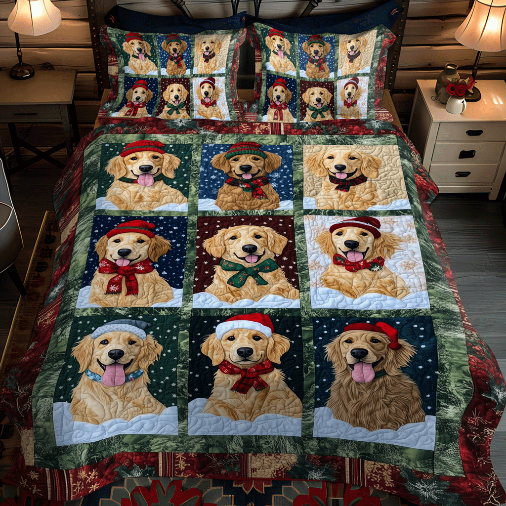 Holiday Golden Pups -Piece Quilted Bedding Set VTQ-Myprintsy