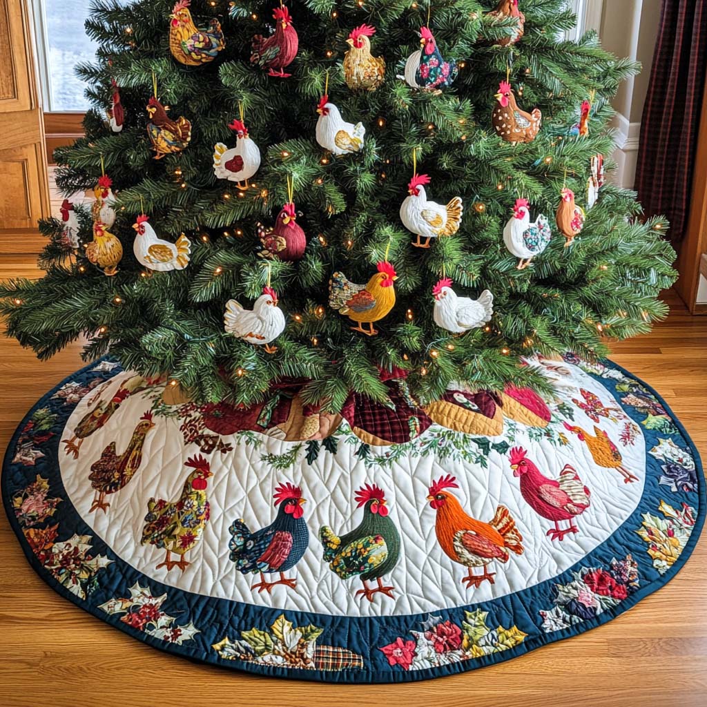Holiday Roosters Delight Christmas Quilted Tree Skirt-Myprintsy