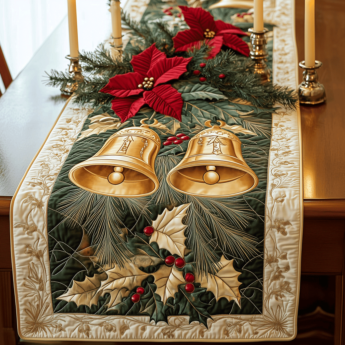 Holly Jolly Bells Quilted Table Runner VTQ-Myprintsy