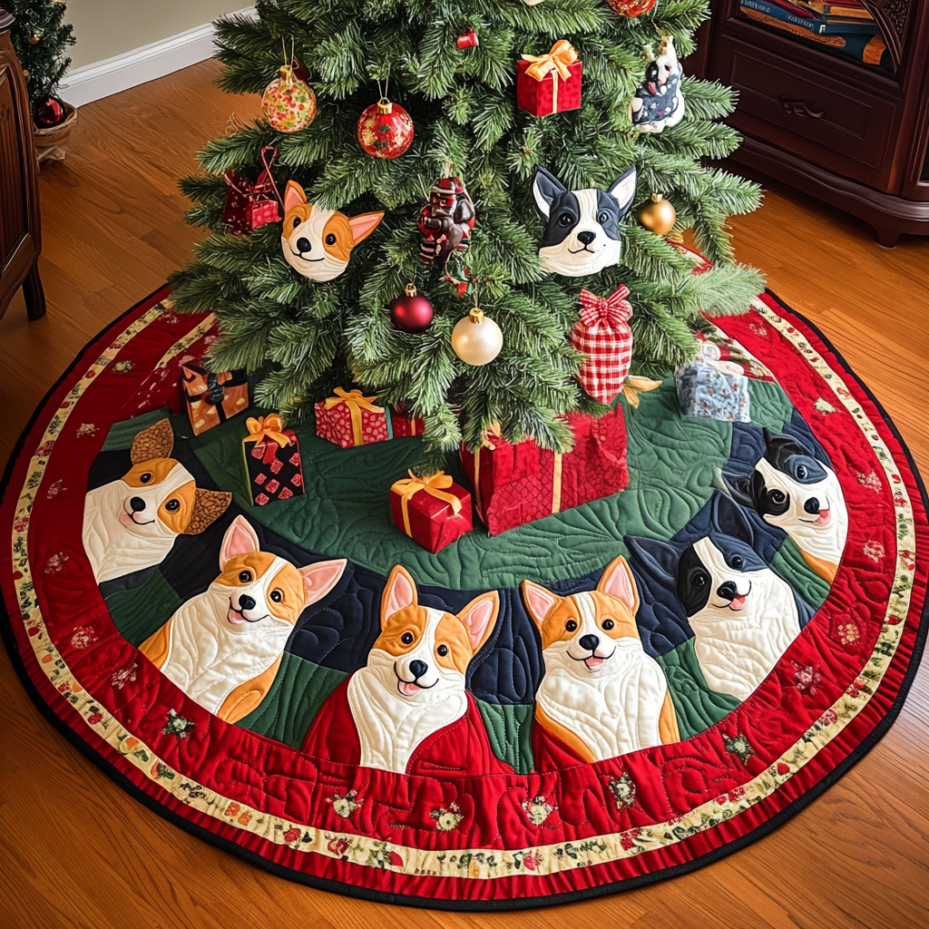 Holly Jolly Corgis Chritstmas Quilted Tree Skirt-Myprintsy