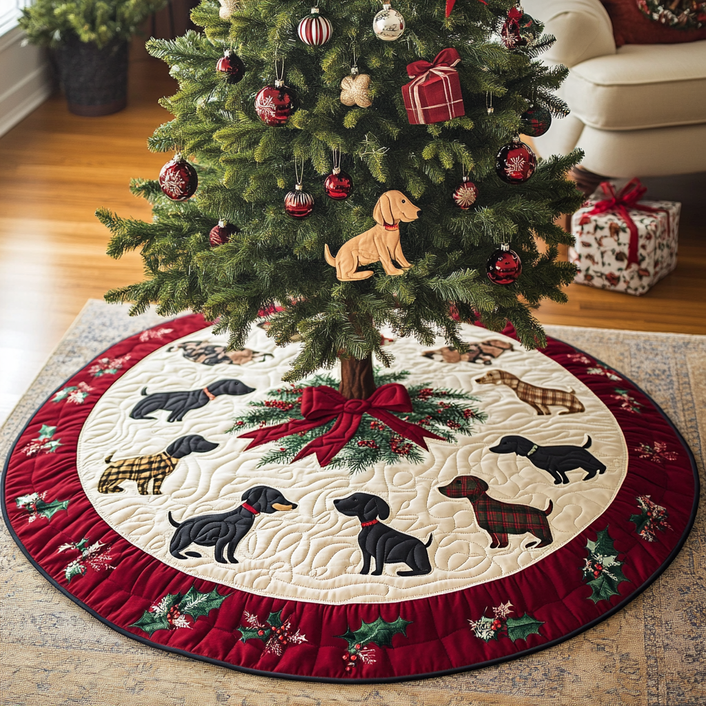 Holly Jolly Dachshund Chritstmas Quilted Tree Skirt VTQ-Myprintsy