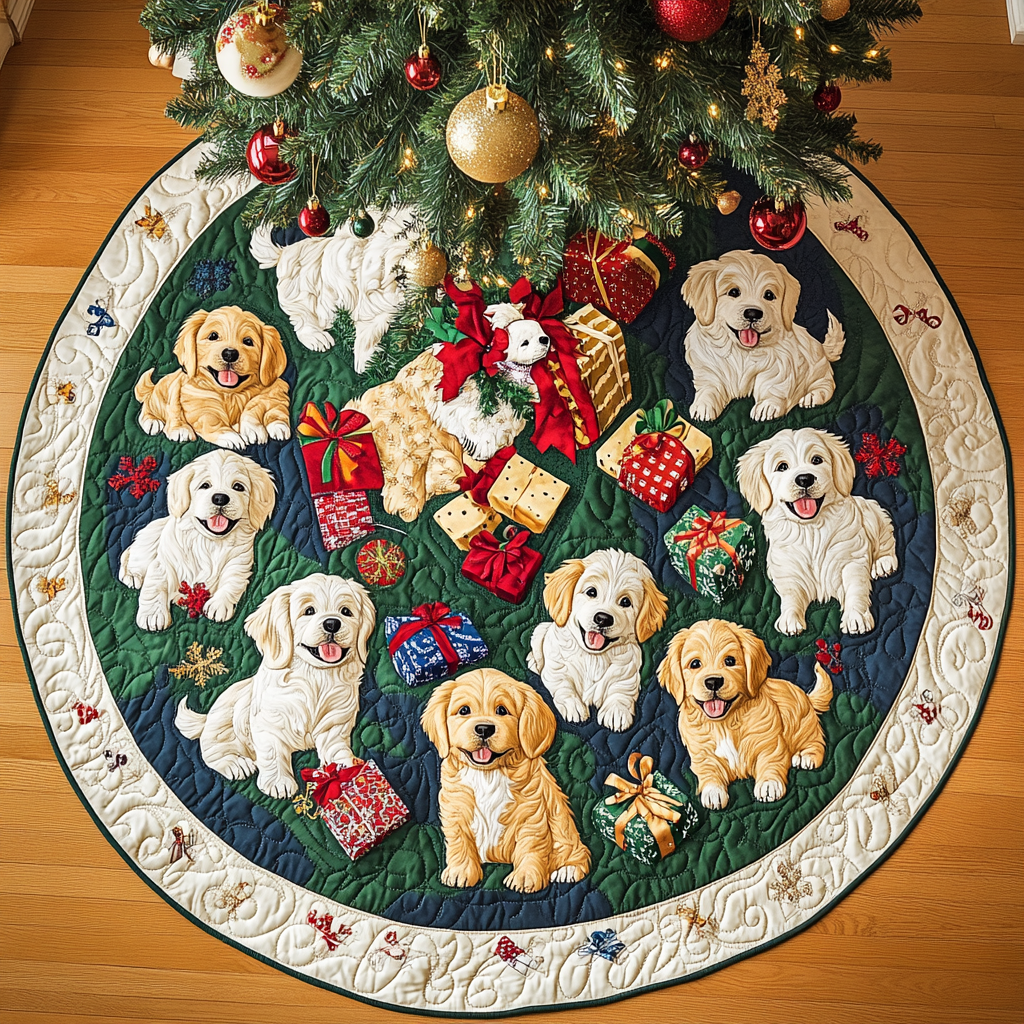 Holly Jolly Golden Chritstmas Quilted Tree Skirt-Myprintsy