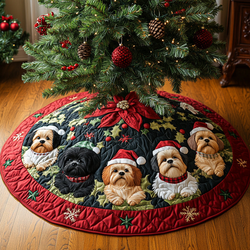 Holly Shih Tzu Christmas Quilted Tree Skirt-Myprintsy