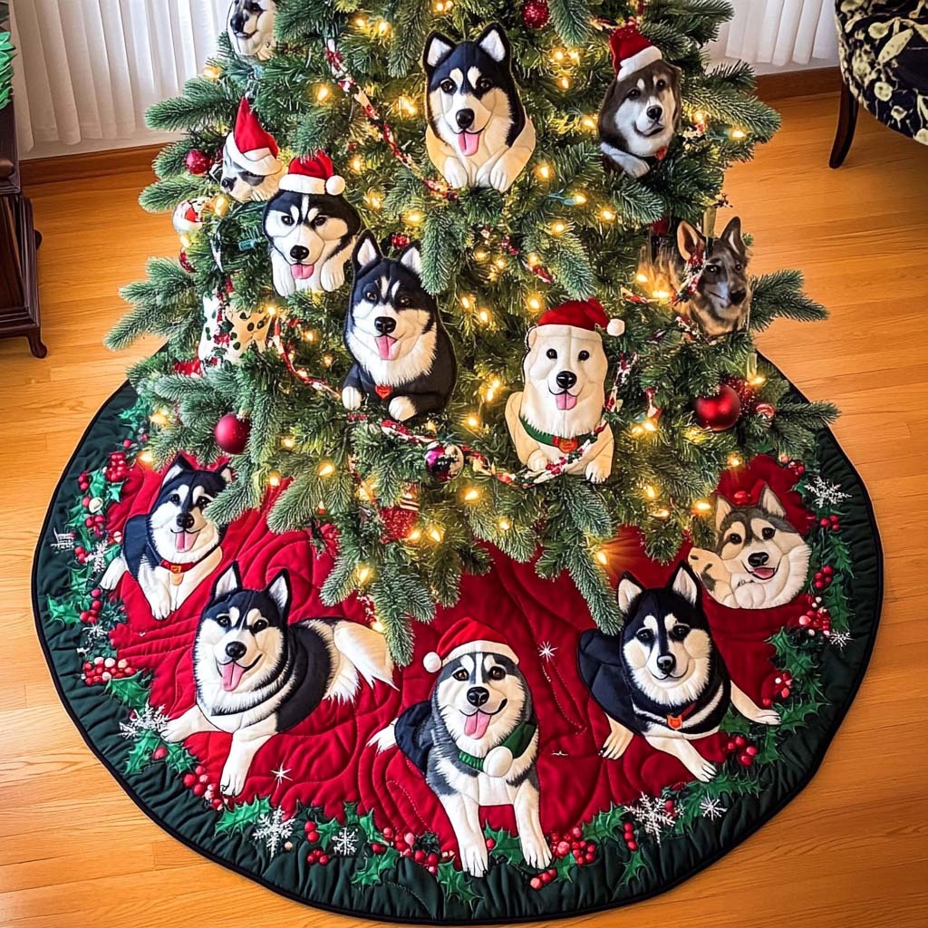 Husky Paws Christmas Quilted Tree Skirt-Myprintsy