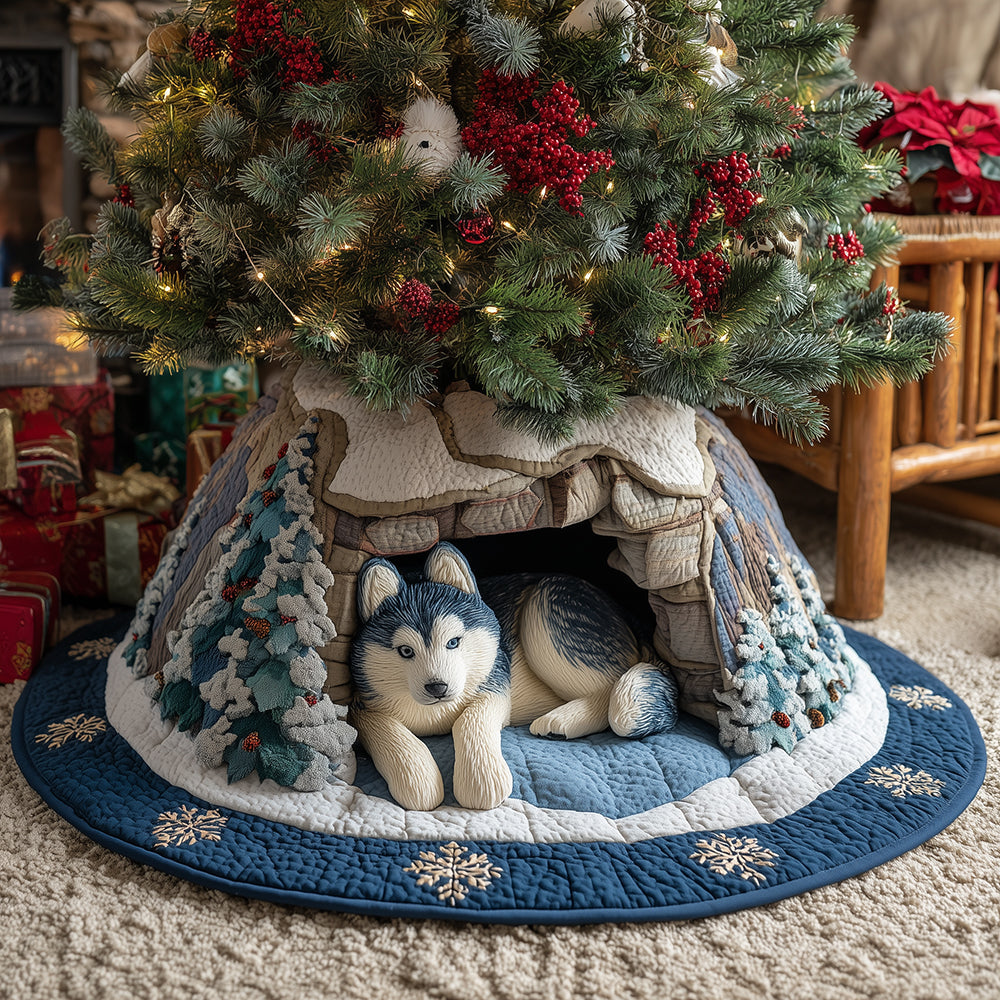 Husky Pine Retreat Christmas Quilted Tree Skirt-Myprintsy