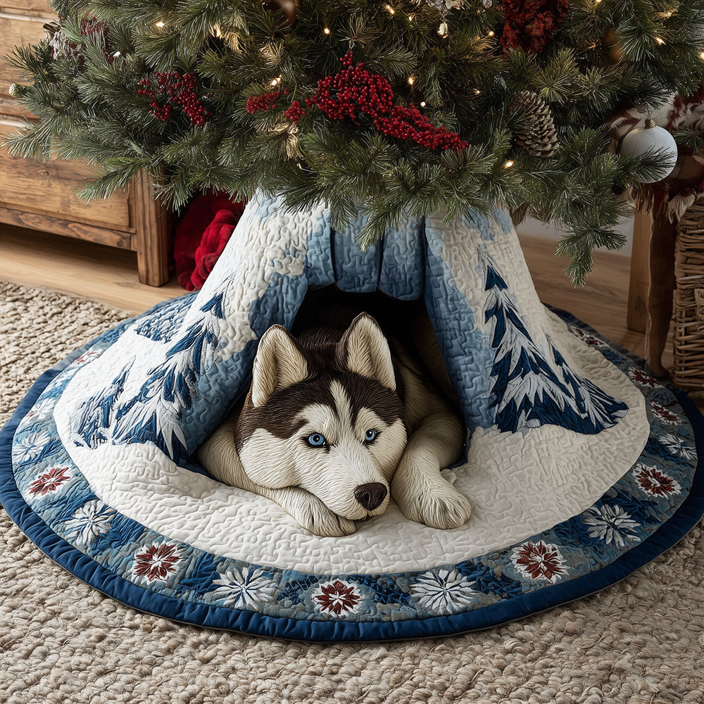 Husky in the Snowfall Christmas Quilted Tree Skirt VTQ-Myprintsy
