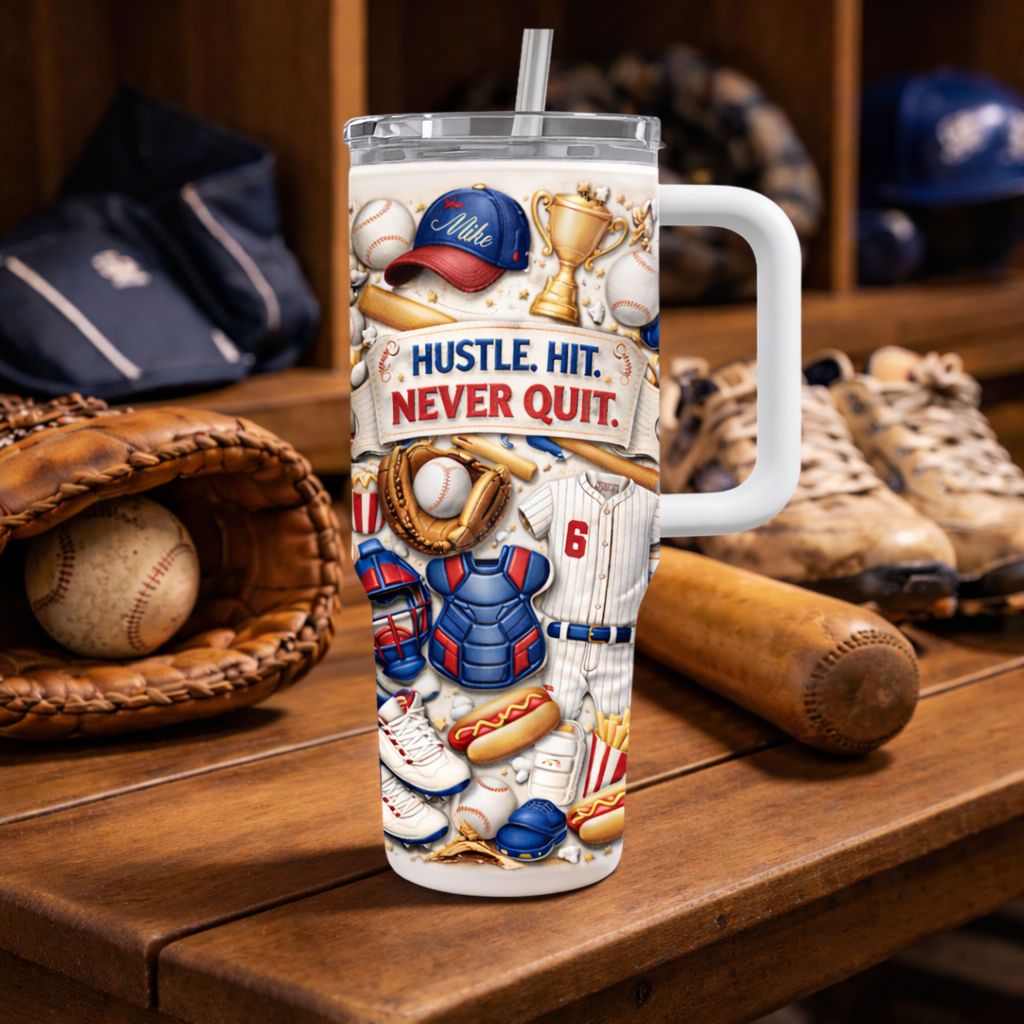 Hustle Hit Never Quit - Personalized 40oz Baseball Tumbler With Straw-Myprintsy