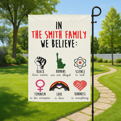 In The Family We Believe - Personalized Garden Flag-Myprintsy