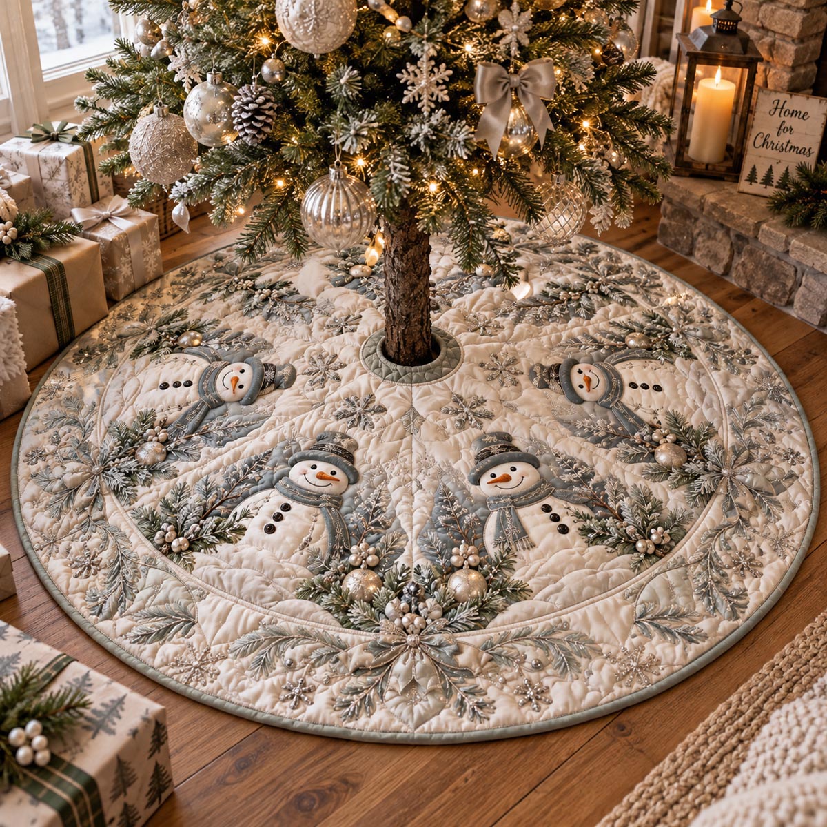 Ivory Winter Snowmen Christmas Quilted Tree Skirt VTQ-Myprintsy