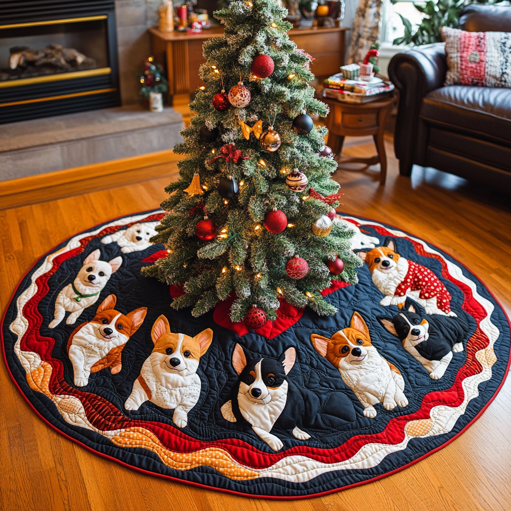 Jingle Bell Corgi Chritstmas Quilted Tree Skirt VTQ-Myprintsy