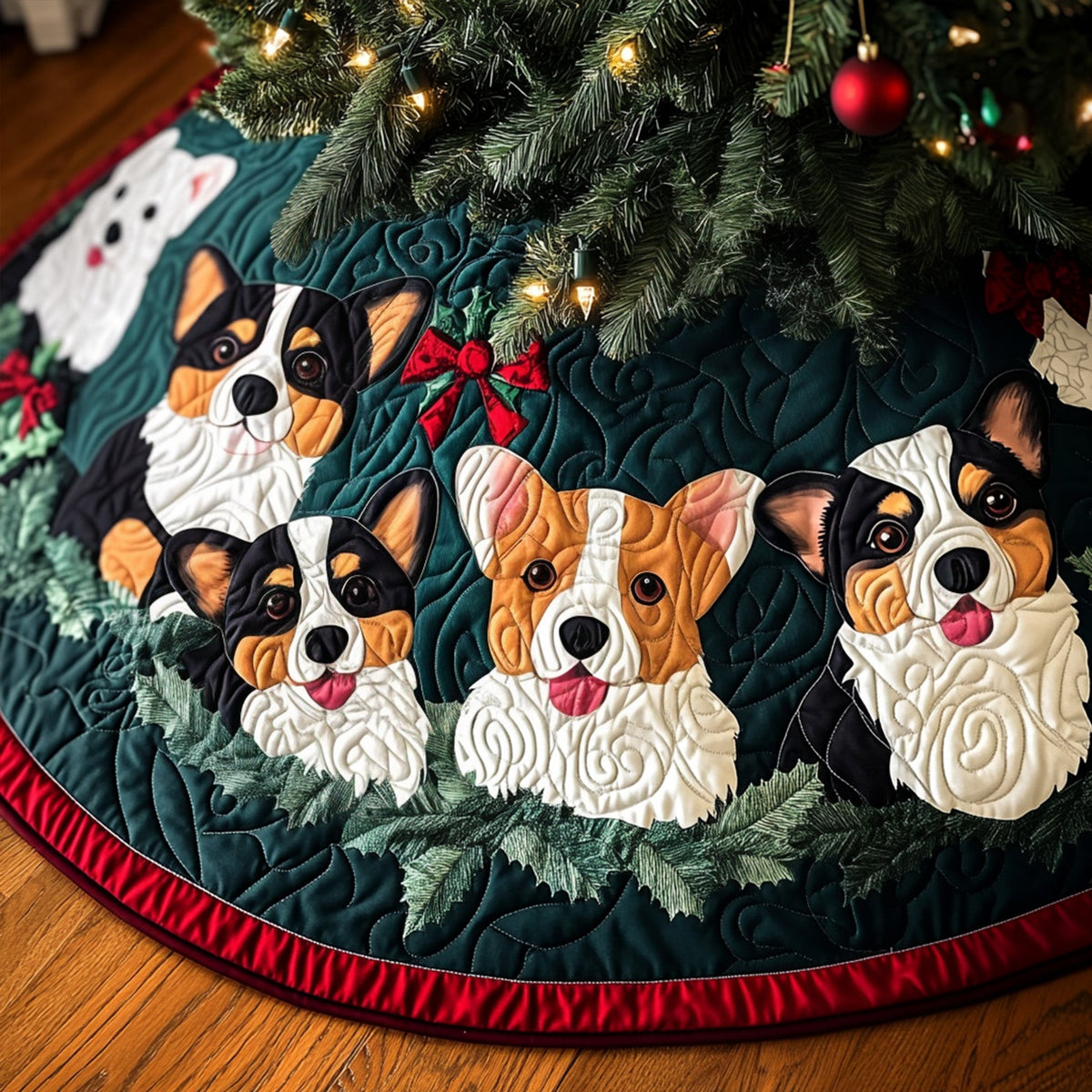 Jolly Corgi Wishes Quilted Christmas Tree Skirt-Myprintsy