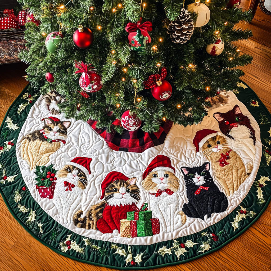 Kitty Claus Celebration Christmas Quilted Tree Skirt VTQ-Myprintsy