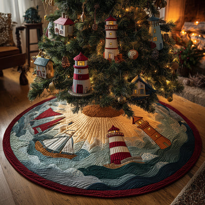 Lighthouse Coastal Glow Christmas Quilted Tree Skirt-Myprintsy