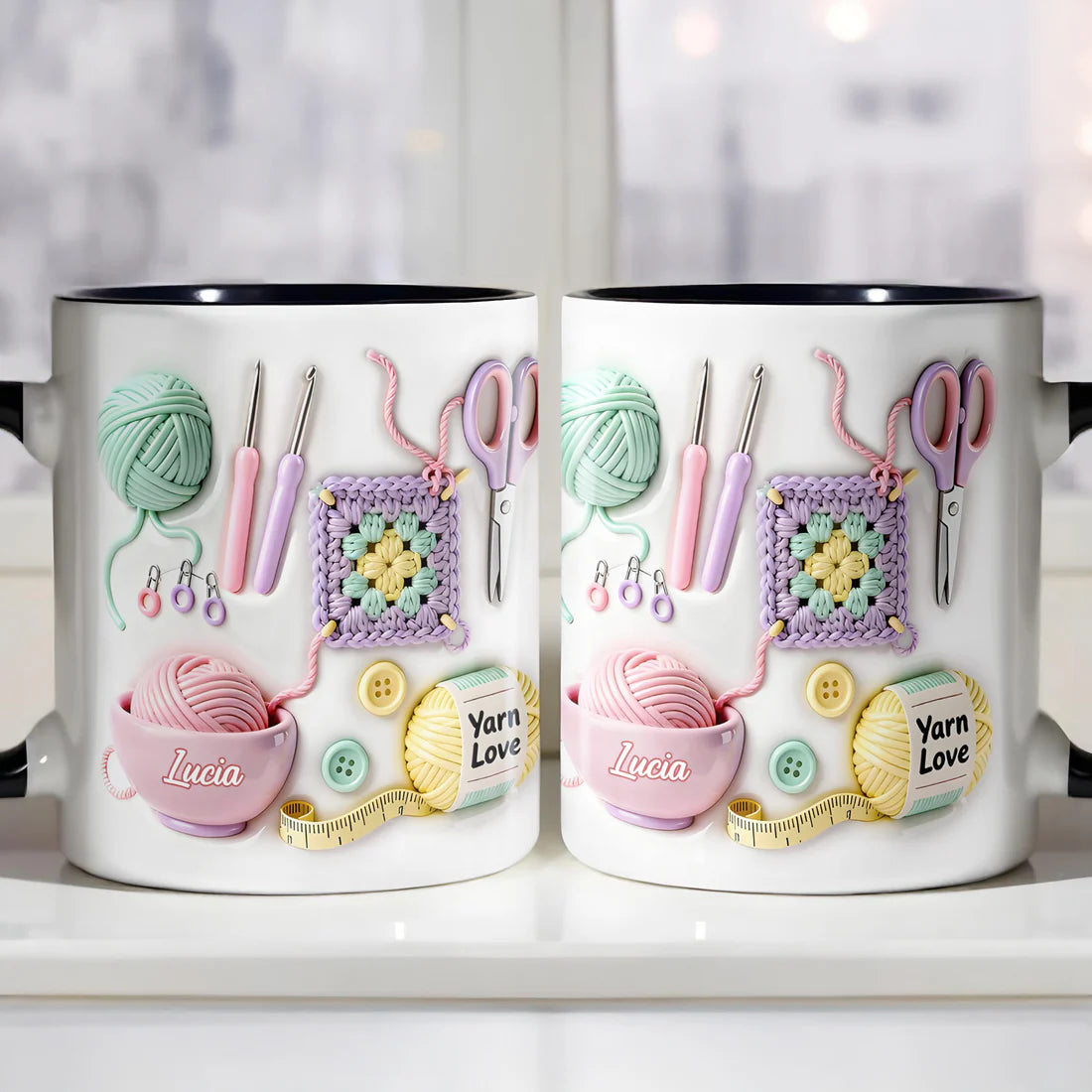 Love With Yarn Balls And Crochet Hooks - Personalized Accent Mug - Gift For Crafters And Creative Souls-Myprintsy