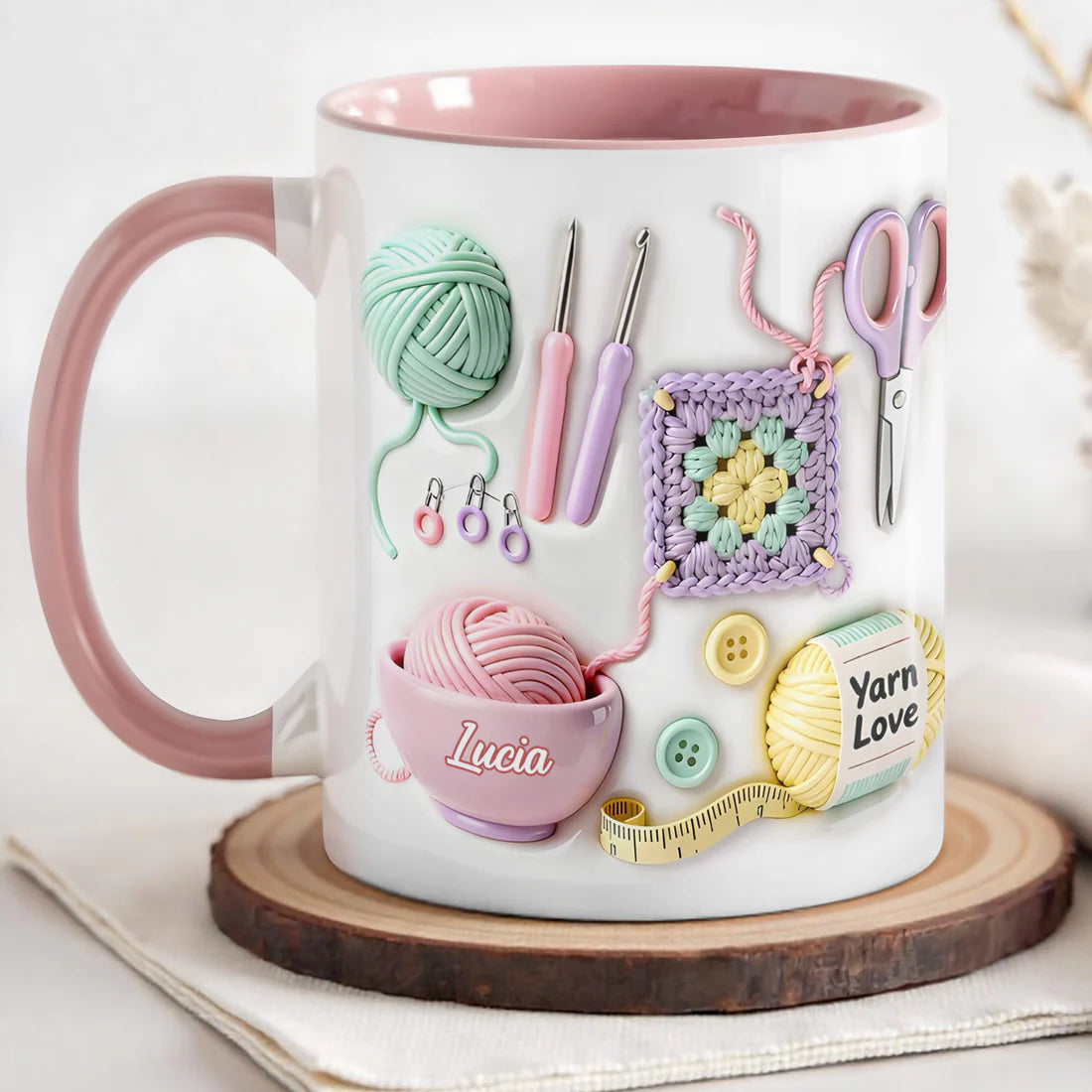 Love With Yarn Balls And Crochet Hooks - Personalized Accent Mug - Gift For Crafters And Creative Souls-Myprintsy