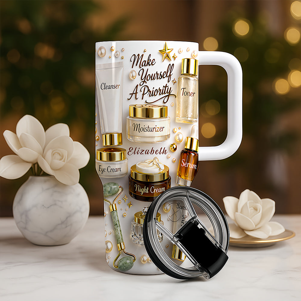 Make Yourself A Priority - Personalized 40oz Skincare Gift Set Tumbler With Straw - Gifts For Skincare Lovers-Myprintsy