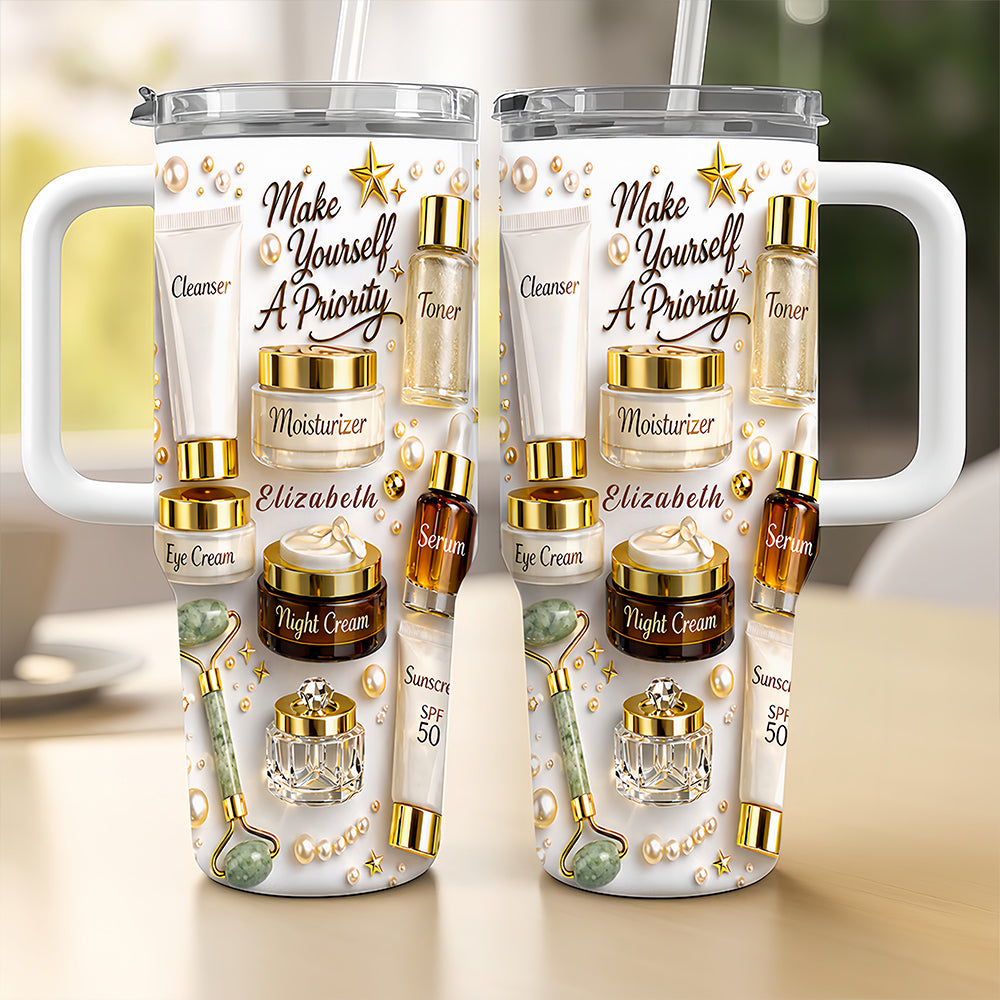 Make Yourself A Priority - Personalized 40oz Skincare Gift Set Tumbler With Straw - Gifts For Skincare Lovers-Myprintsy