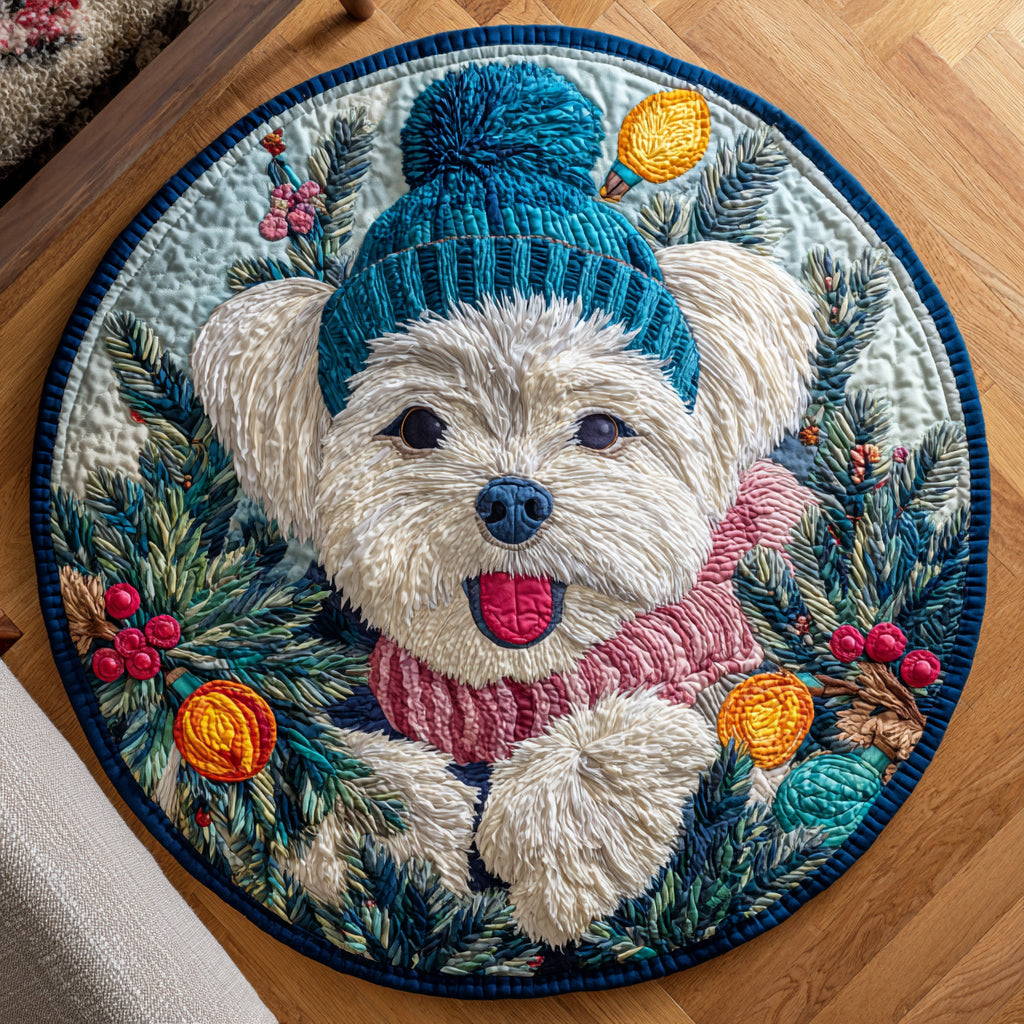 Maltese Winter Cap Quilted Round Mat VTQ-Myprintsy
