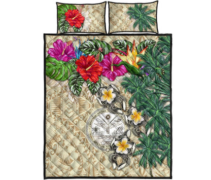 Marshall Islands Polynesian Quilt Bed Set - Hibiscus Turtle Tattoo Beige-Myprintsy