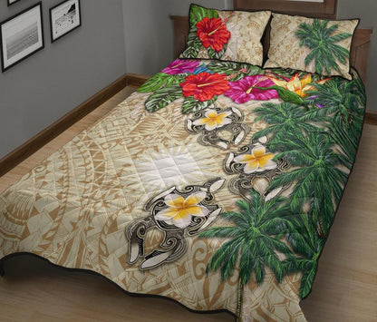 Marshall Islands Polynesian Quilt Bed Set - Hibiscus Turtle Tattoo Beige-Myprintsy