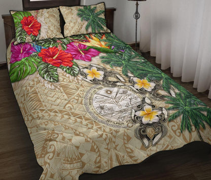 Marshall Islands Polynesian Quilt Bed Set - Hibiscus Turtle Tattoo Beige-Myprintsy